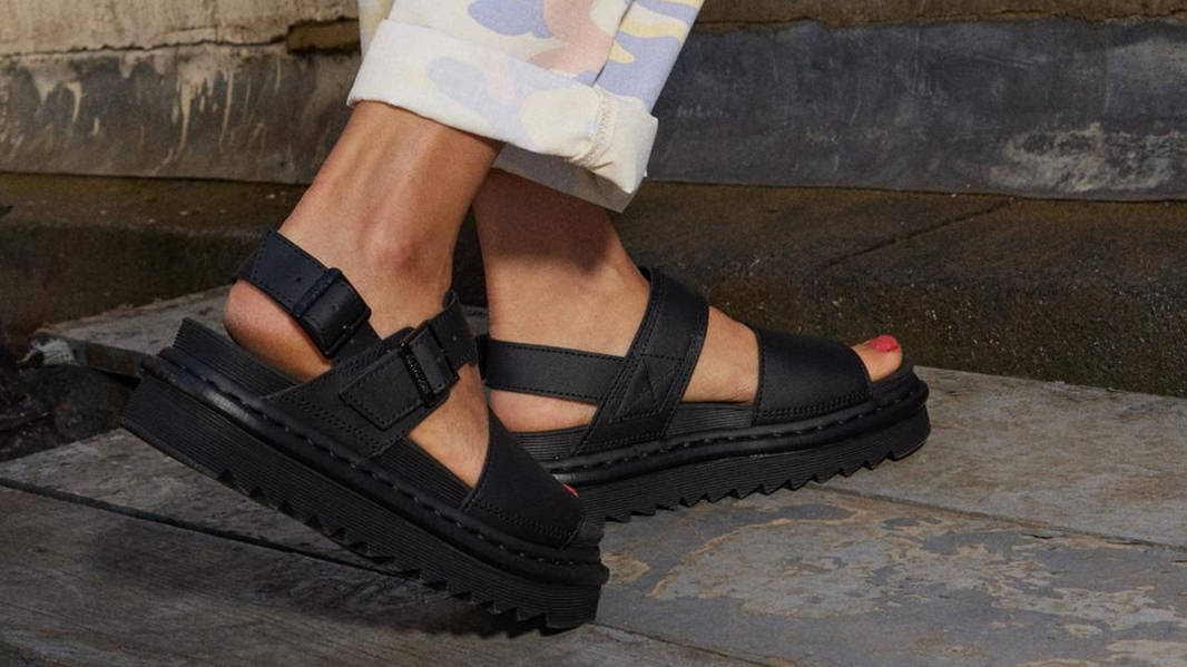 Dr. Martens Voss Leather Strap Sandals Black 23802001 on feet