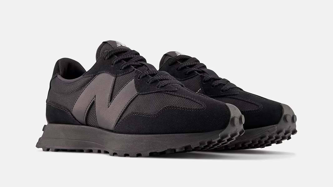 New Balance 327 Black White Tongue Logo Front