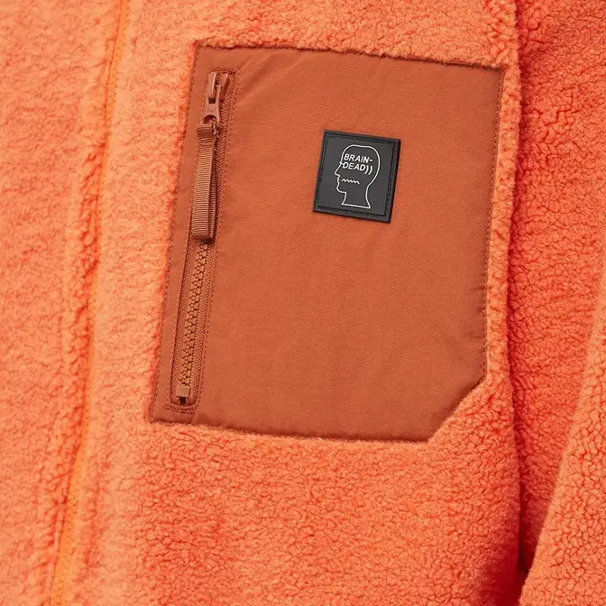 Brain Dead Levels Sherpa Fleece Jacket Orange Logo Closeup