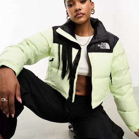 Silk Shirt with Lace Detail Nuptse Cropped Down Puffer Jacket Green Feature