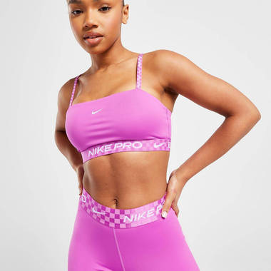 nike training graphic bandeau sports bra pink front w380 h380