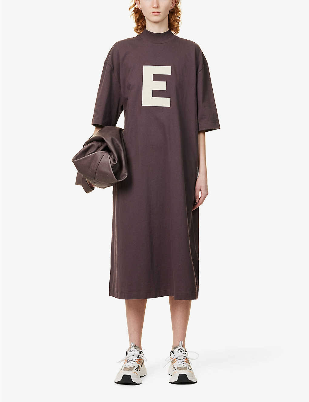 Fear of God ESSENTIALS Logo-Appliqué Cotton-Jersey Midi Dress Plum Front