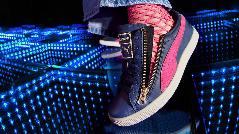 PHANTACi x PUMA Suede Black Pink on feet