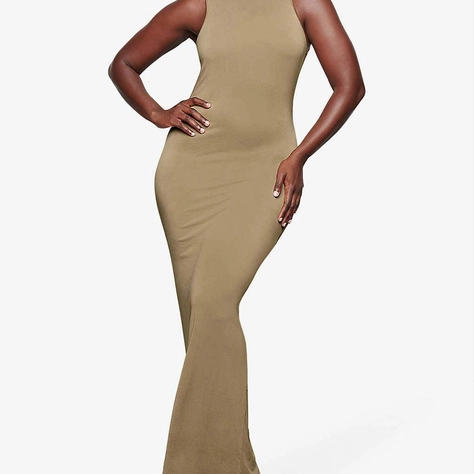 SKIMS Smooth Lounge Slim-fit Stretch-woven Maxi Dress Khaki Front