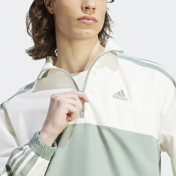 adidas 1-4 Zip Woven Tracksuit Silver Green Front Closeup