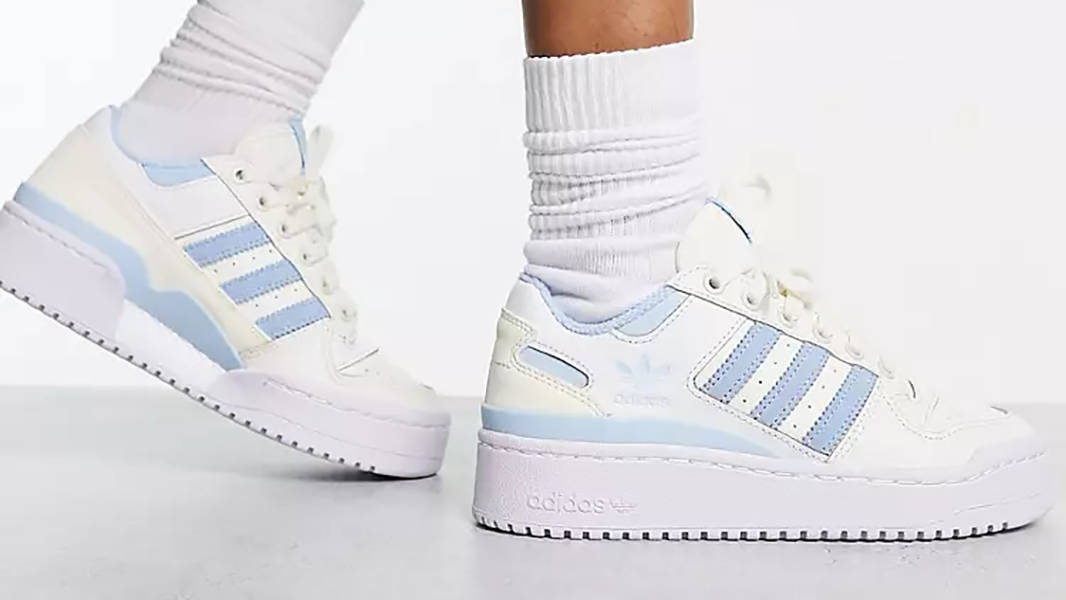 adidas Forum Bold Stripes Low White Blue on feet