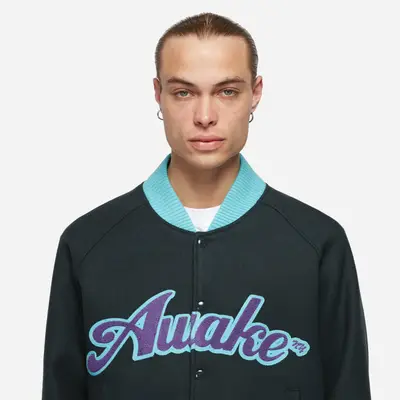 Awake NY Chenille Embroidered Logo Varsity Jacket Black Front