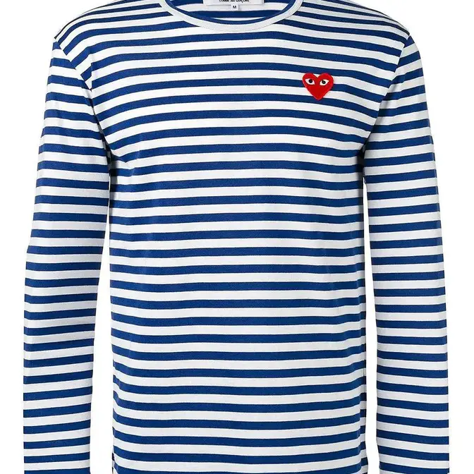 Comme des Garçons PLAY Red Heart Striped Long Sleeve T-Shirt 2 Navy Feature