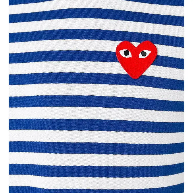 Comme des Garçons PLAY Red Heart Striped Long Sleeve T-Shirt 2 Navy Front Closeup