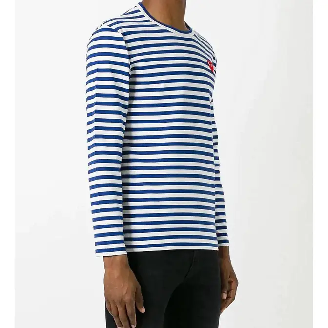 Comme des Garçons PLAY Red Heart Striped Long Sleeve T-Shirt 2 Navy Side View