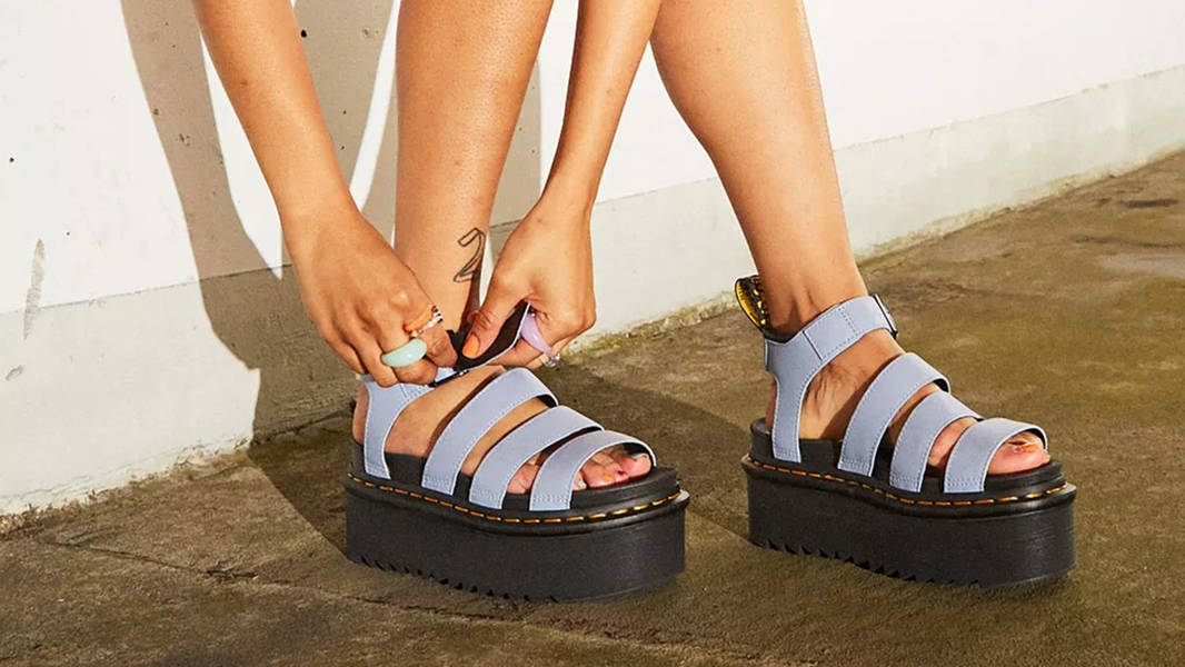 Dr. Martens Blaire Quad Platform Sandals Blue 30704434 on feet