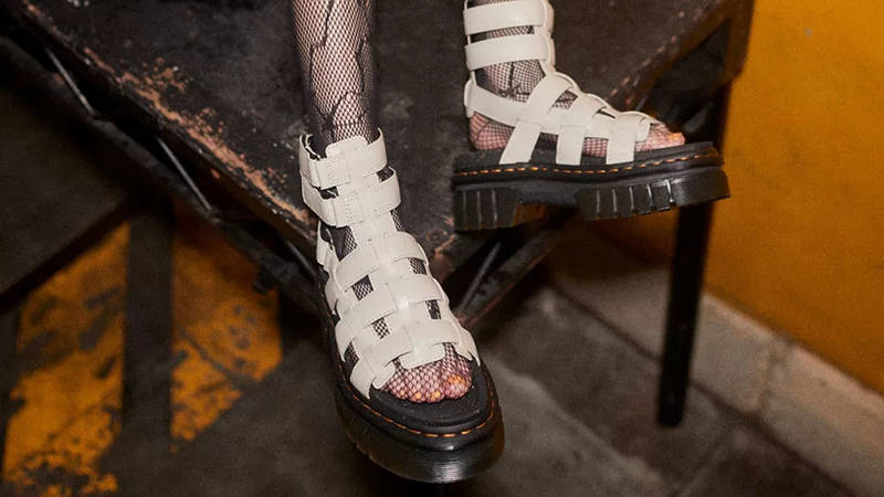 Dr Martens Ricki Gladiator Platform Sandals Grey 30575055 on feet