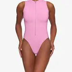 SKIMS Zipped High-neck Recycled Stretch-nylon Swimsuit Light Pink Front