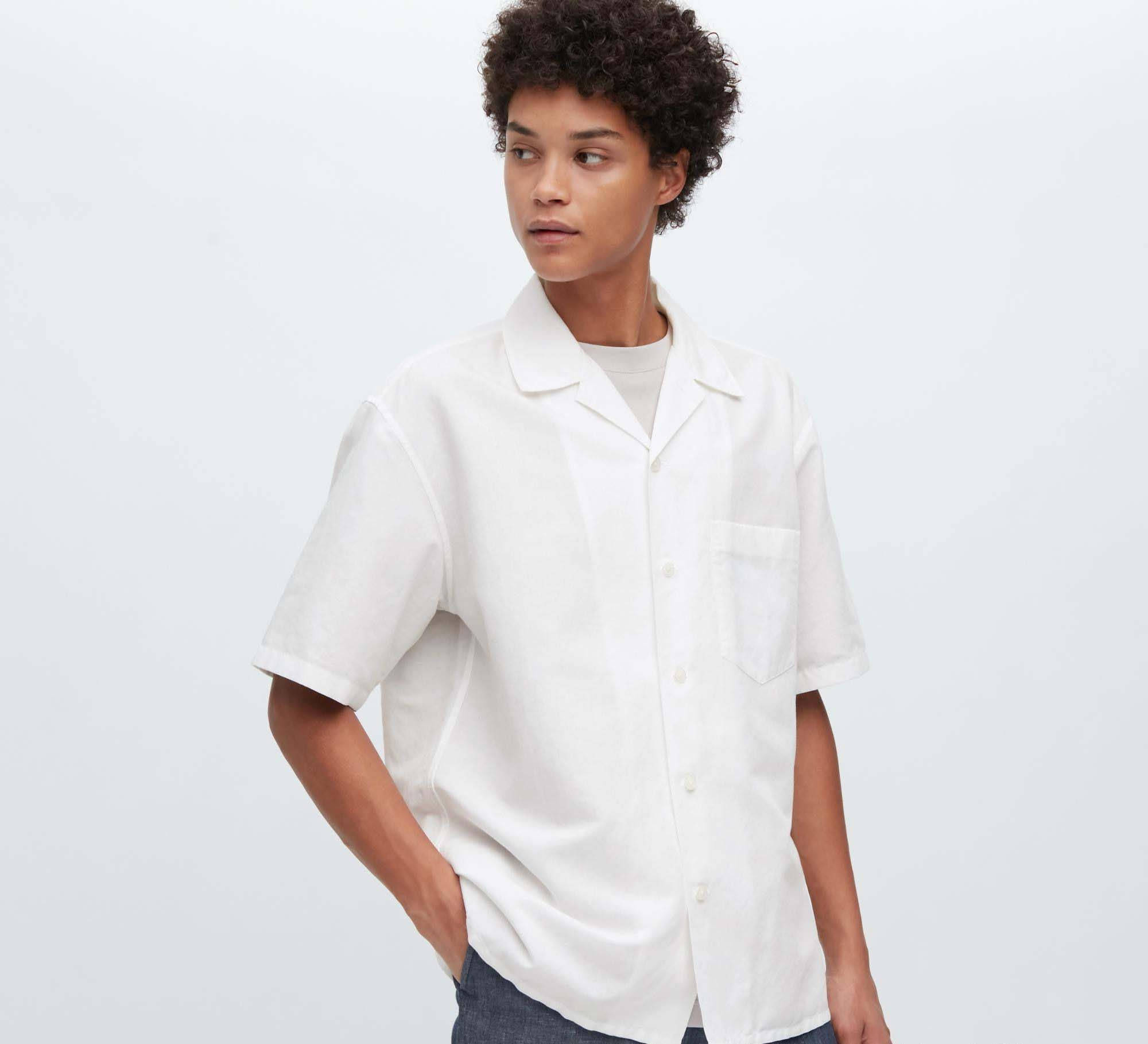 Linen Blend Open Collar Short-Sleeve Shirt