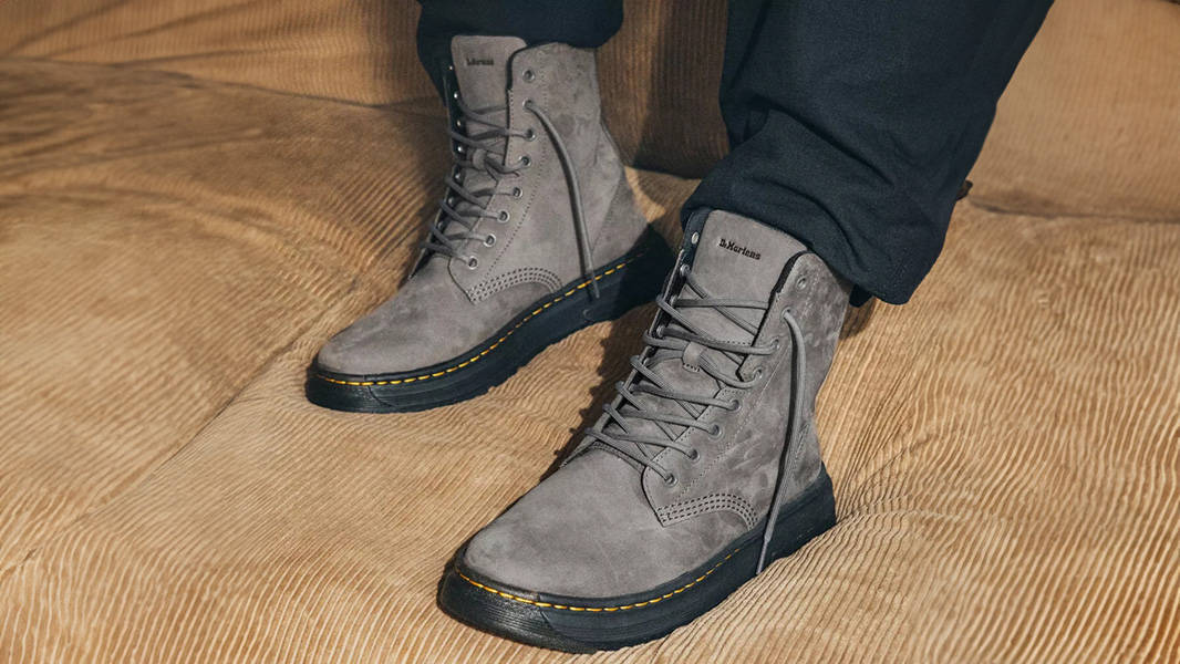 Dr. Martens Crewson Leather Lace Up Boots Gunmetal 31225029 on feet