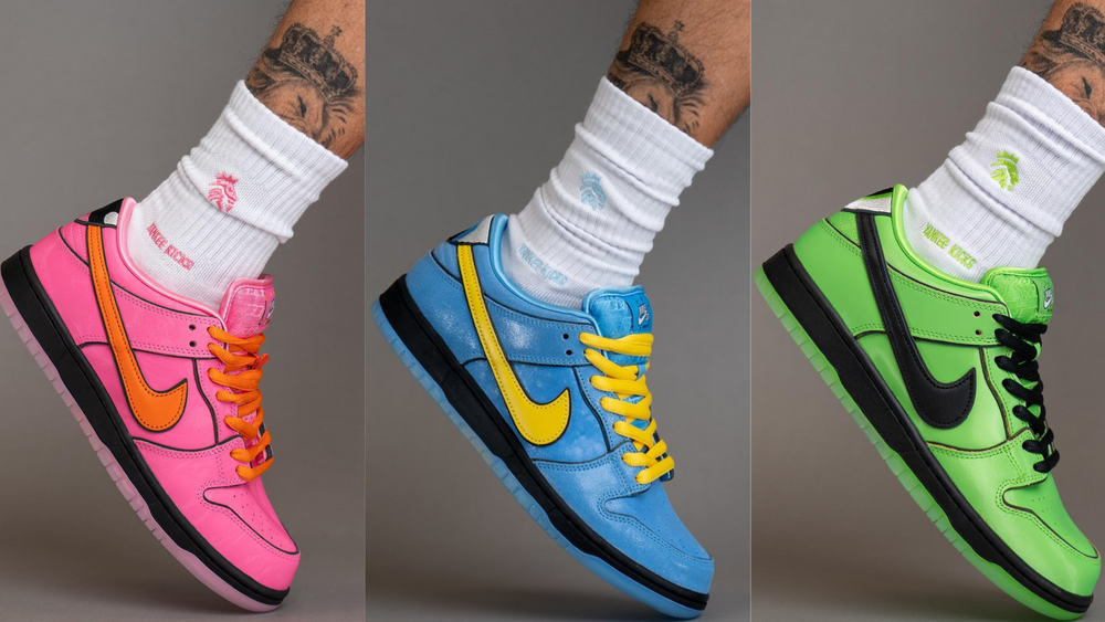Image via Yankeekicks Here's An On-Foot Look At the Powerpuff Girls x Nike SB Dunk Low "Blossom", "Bubbles" & "Buttercup"