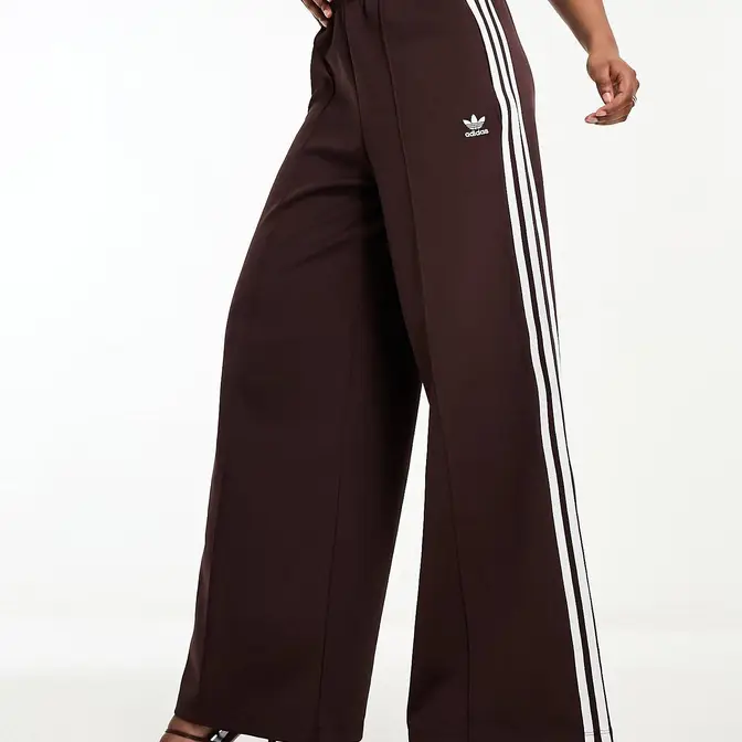 adidas Originals Three Stripe Wide Leg Trousers Shadow Brown Feature
