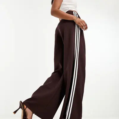 adidas Originals Three Stripe Wide Leg Trousers Shadow Brown Side View