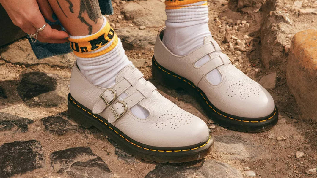 Dr. Martens Mary Jane 8065 Virginia Leather Taupe 30692348 on feet