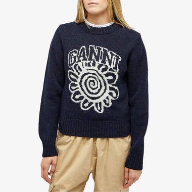 GANNI Graphic O-neck Pullover Flower Sweater