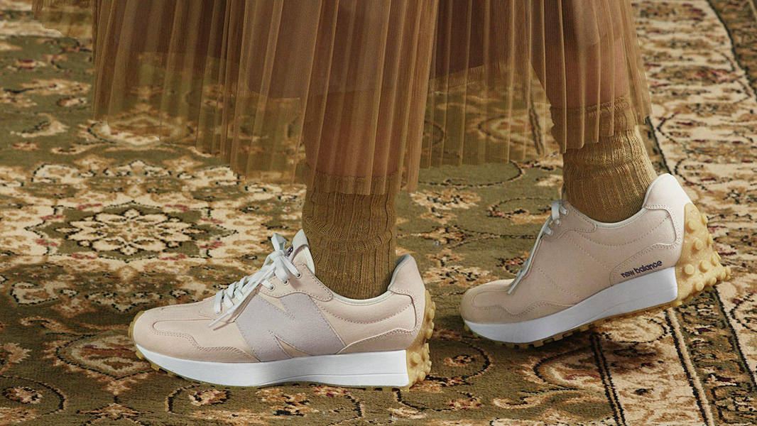 New Balance 327 White Cream Gum WS327US on feet