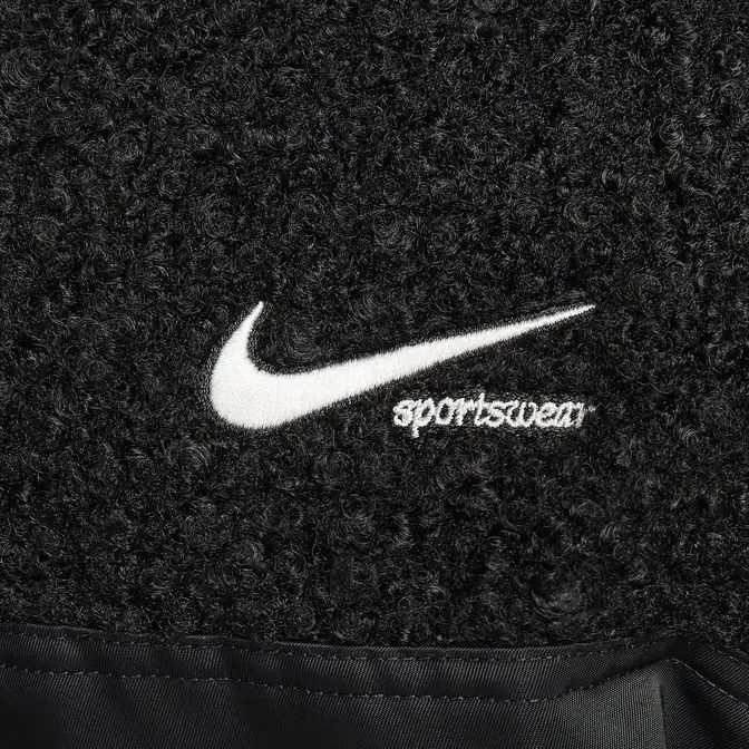 Nike Sportswear Collection High-Pile Fleece Bomber Jacket Black Logo Closeup