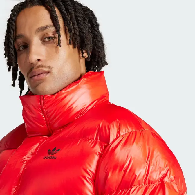 adidas Midweight Down Puffer Jacket Active Red Front Closeup