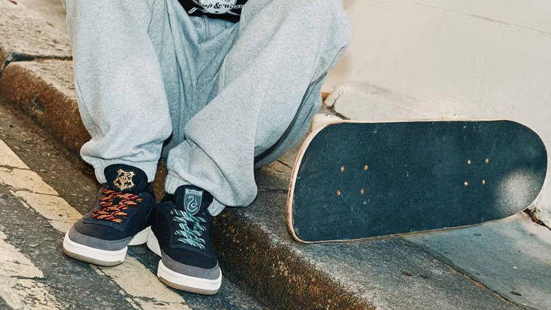 Harry Potter x Reebok Club C 85 Night Black on foot with skate