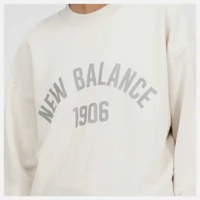 New Balance Running Heather Tech logo T-shirt in black Varsity Fleece Crew Moonbeam Closeup