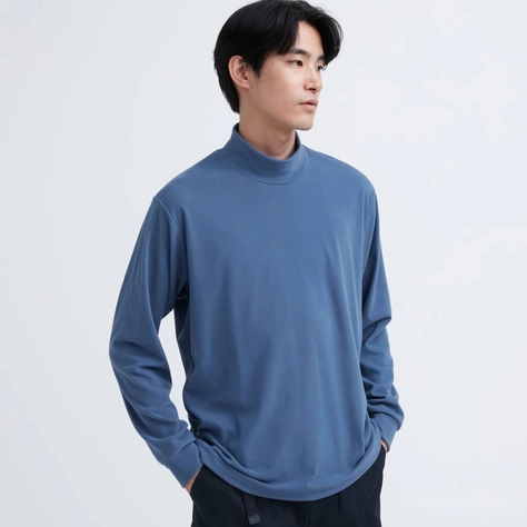 Uniqlo Fleece Contract Mock Neck Long Sleeved T-shirt Blue Feature