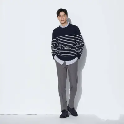 Uniqlo Washable Milano Ribbed Striped Crew Neck Jumper Navy Front Full