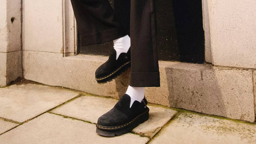 Dr. Martens Zebzag Suede Platform Mules Black 31657001 on feet