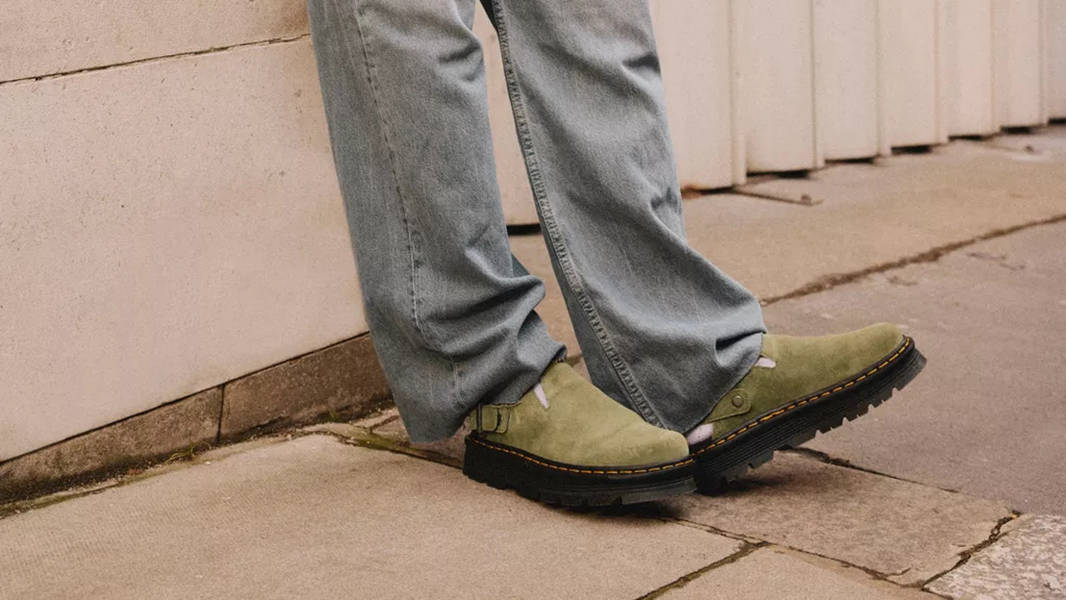 Dr. Martens Zebzag Suede Platform Mules Muted Olive 31657357 on feet