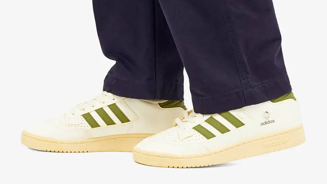 END. x adidas Centennial Low Present Cream White Gum ID2907 on feet