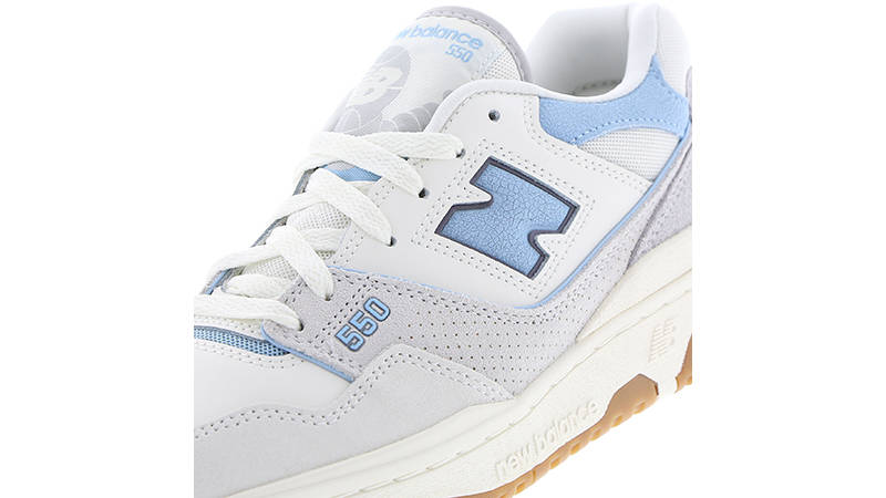 New Balance 550 White Blue Grey Gum logo
