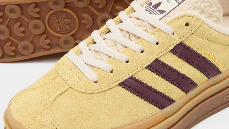 adidas Gazelle Bold Yellow Burgundy Closeup