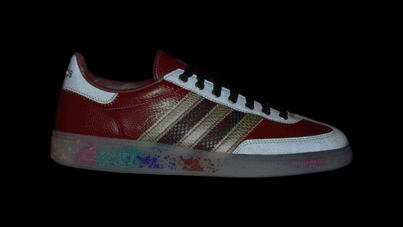 adidas Handball Spezial S.E.E.D. Scarlet Gold Paint Splatter ID8617 in dark