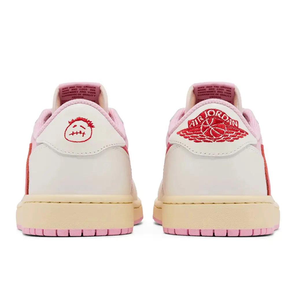 Travis Scott x Air Jordan 1 Low OG Tropical Pink heel detail showing Cactus Jack Smiley face embroidery and Wings logo