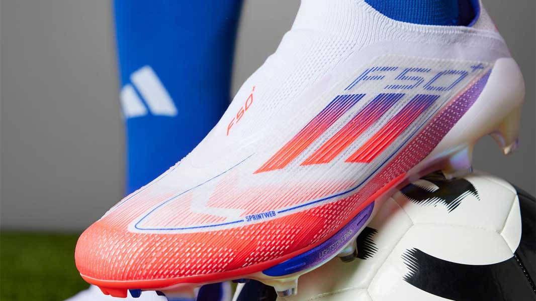 adidas F50 Firm Ground Boots White Red On Foot Closeup