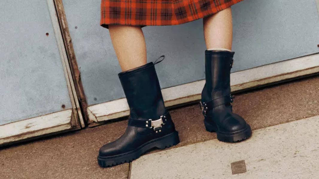 Dr. Martens Anistone Tall Leather Biker Boots Black On Foot