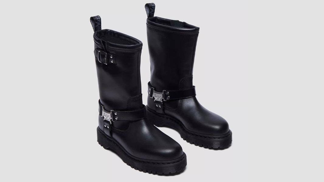 Dr. Martens Anistone Tall Leather Biker Boots Black Top
