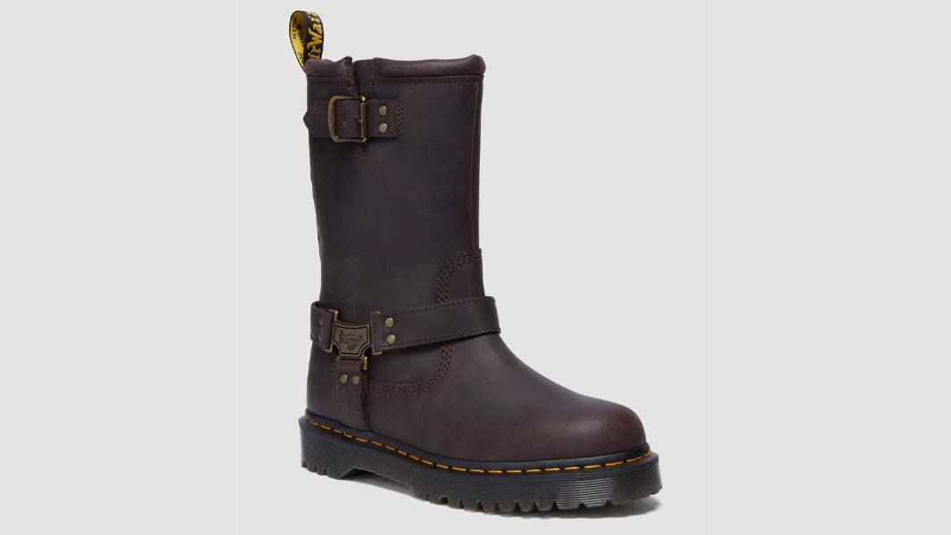 Dr. Martens Anistone Tall Leather Biker Boots Dark Brown Front