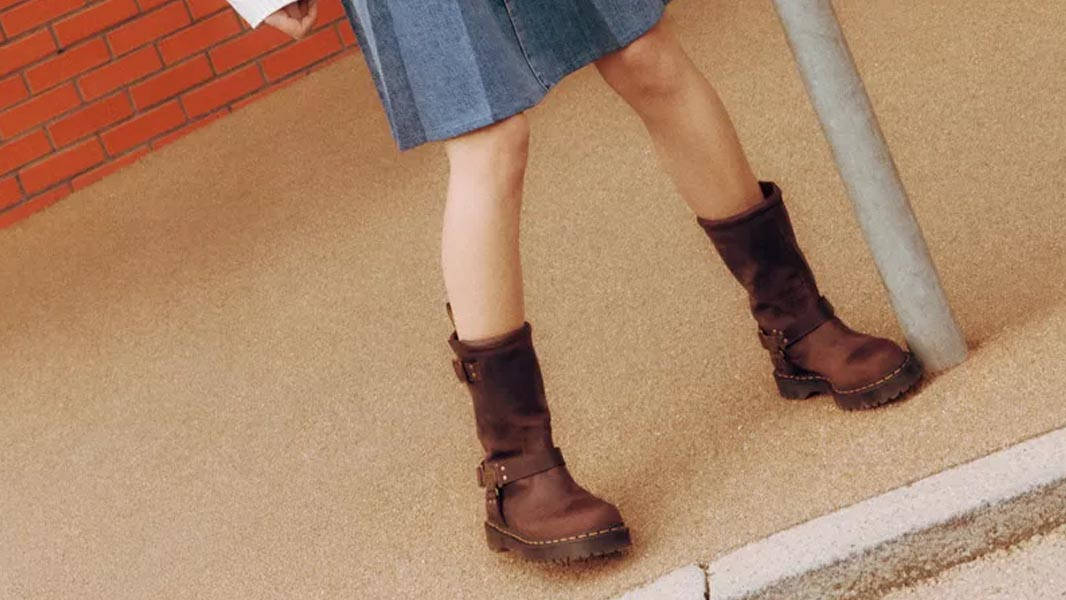 Dr. Martens Anistone Tall Leather Biker Boots Dark Brown On Foot