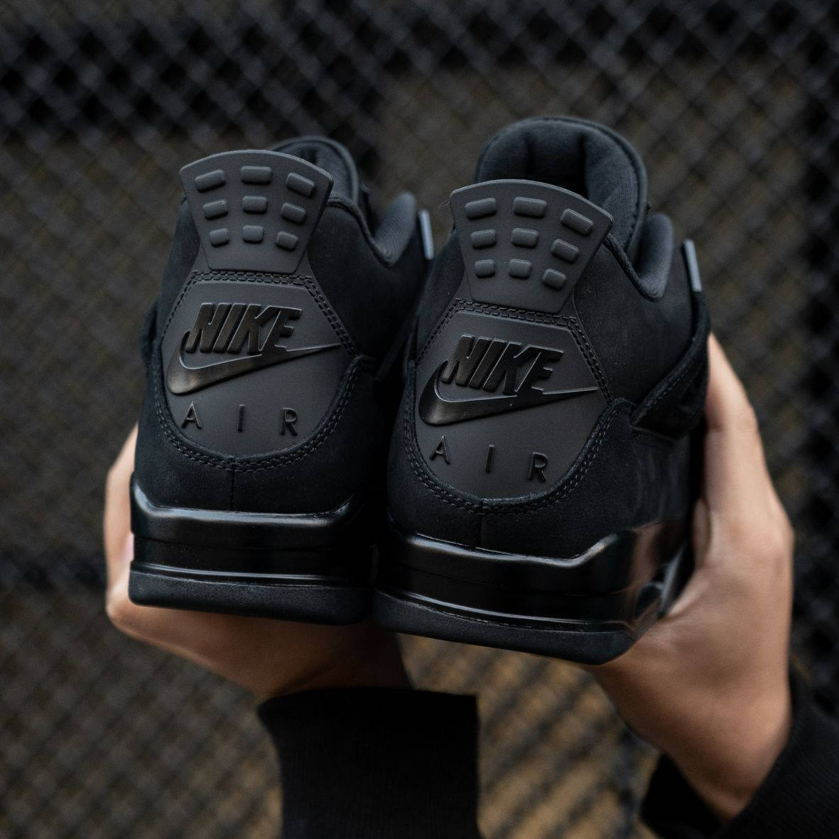 Air Jordan 4 Black Cat 2025 detailed heel shot in hand with black fence in the background