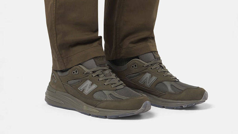 Stone Island x New Balance 991v2 Olive on foot