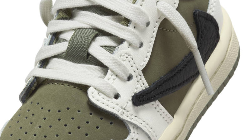 Travis Scott x Air Jordan 1 Low Toddler Medium Olive Closeup