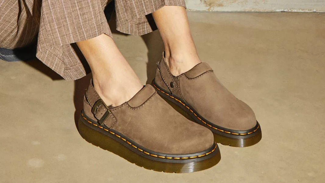 Dr. Martens Laketen Faux Fur Lined Platform Mules Khaki 32212777 on feet