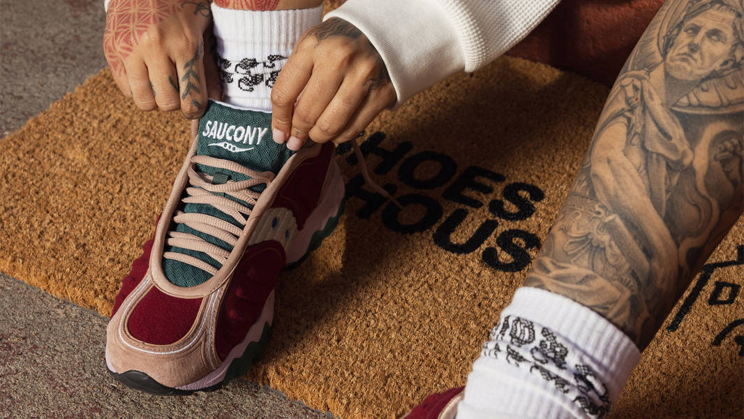 Jae Tips x Saucony Matrix Burgundy On Foot