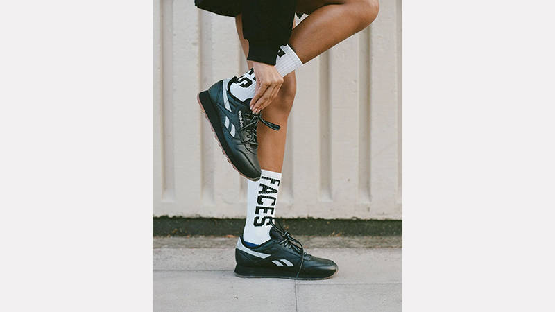 Places + Faces x Reebok Classic Black Silver on foot