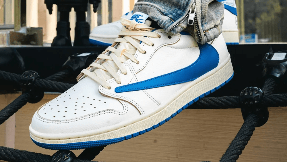 via @hidefx.xxusa Travis Scott x fragment design x Air Jordan 1 Low OG White Blue